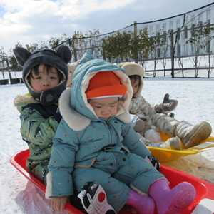 雪の上でそりに乗っている3人の子供たち